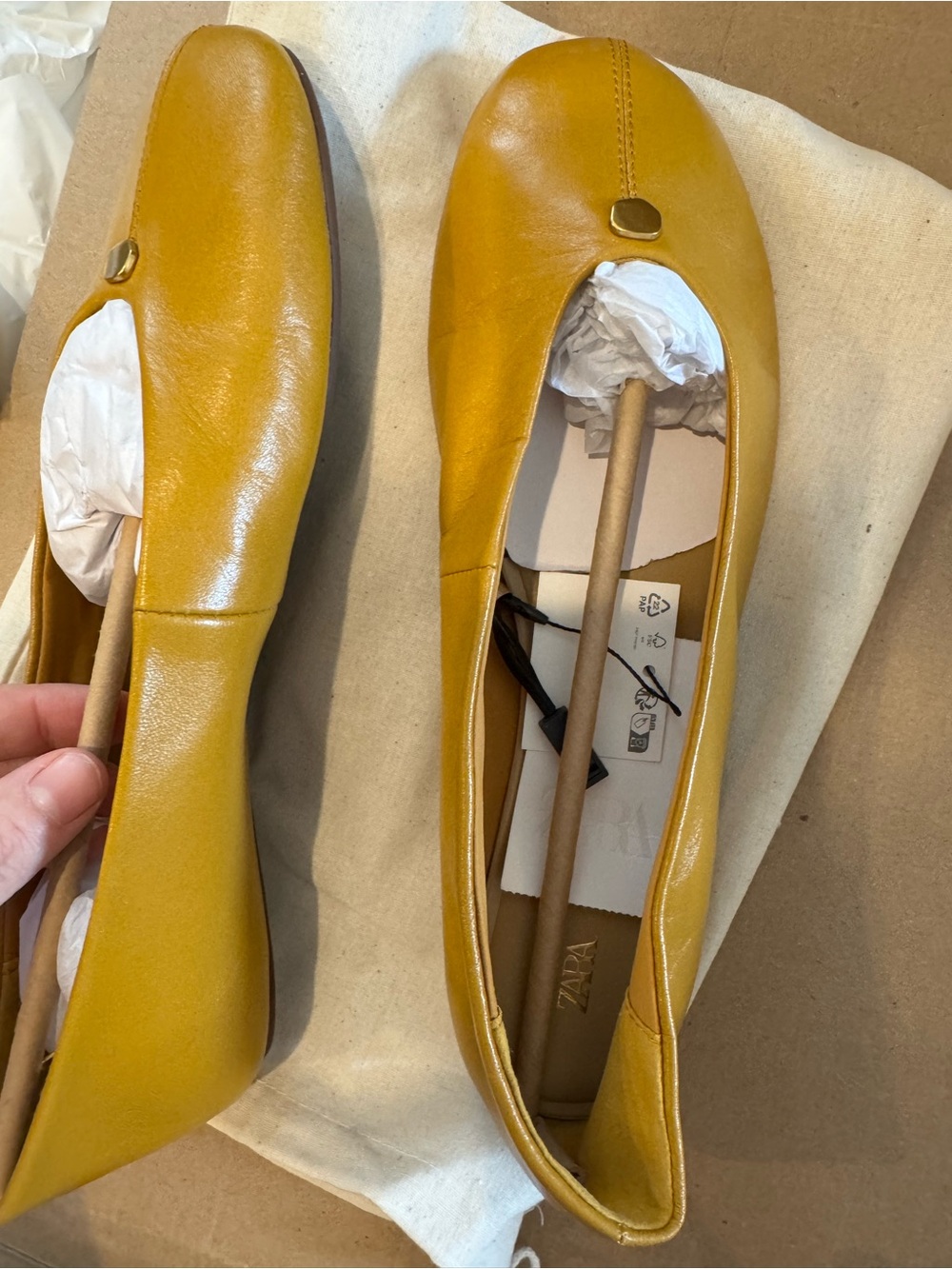 Zara Mustard Leather Ballet Flats with Gold Stud - Picture 8 of 8